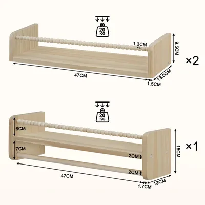 Image de Étagère murale pour livres pour enfants - Étagère Montessori fixée au mur - 50 x 15 x 14 cm - Bois - Étagère suspendue pour livres et jouets