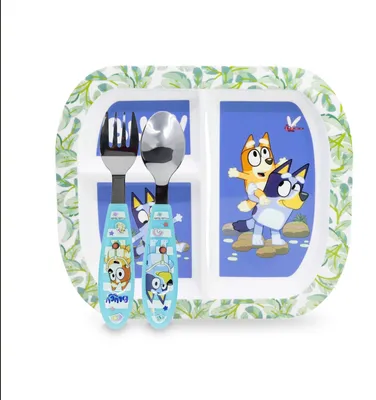 Kinderservies 3-tlg. mit geteiltem Teller, Edelstahlbesteck, Bluey