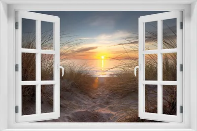 Produktbild von Wallario Poster mit Fenster-Illusion: Sonnenuntergang am Strand, Größe: 61 x 91,5 cm (Maxiposter)