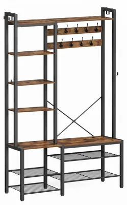Produktbild von Garderobenständer mit Schuhbank - 7 Ablagen - Metall - 120 x 40 x 190 cm - Vintage-Braun
