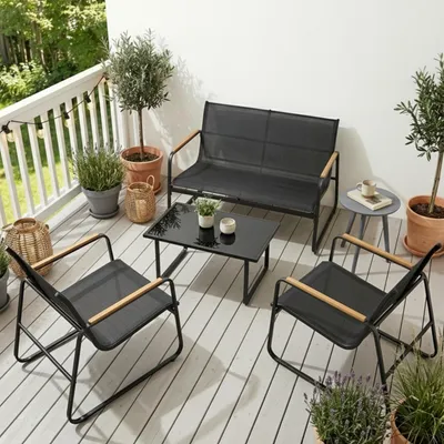 Obrázek produktu pro Home Collective Zahradní souprava Lounge nábytek Venkovní zahradní souprava Zahradní nábytek 4dílná souprava | s konferenčním stolkem | robustní a snadno udržovatelná, vyrobená z oceli a textilene | pro terasu, balkon a zahradu | černá