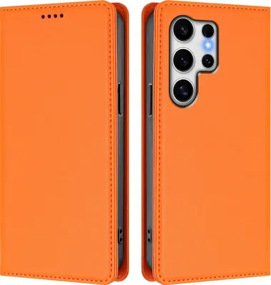 Image de Etui en cuir pour Samsung Galaxy S25 Ultra, étui magnétique en cuirPolyuréthaneavec support Orange