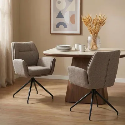 Produktbild von Esszimmerstühle LIRA 2er Set, Beige - Polsterstühle mit Armlehnen und Stoffbezug, Küchenstühle 360° drehbar mit Metallgestell [max. Belastbarkeit 120 kg]