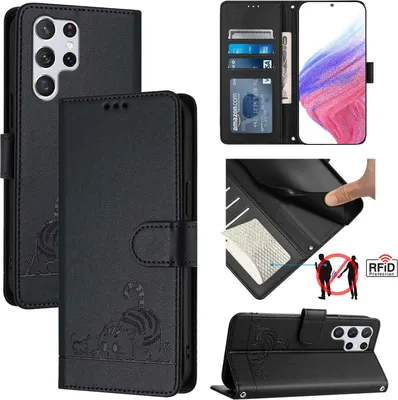 Produktbild von Leder Hülle für Samsung Galaxy S22 Ultra 5G Süße Katze Flip Case Brieftasche Schutzhülle mit Standfunktion Schwarz