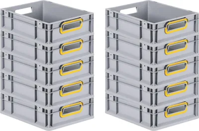 Produktbild von SparSet 10x Eurobox NextGen Color | HxBxT 12x30x40cm | 11 Liter | Griffe gelb offen | Glatter Boden | Grau | Eurobehälter, Transportbox, Transportbehälter, Stapelbehälter
