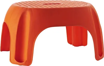 An orange plastic stool against a white background.