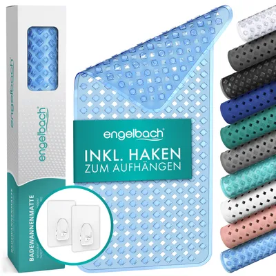 Zdjęcie produktu dla Engelbach mata do kąpieli 88x40cm antypoślizgowa z wieszakiem - antypoślizgowa mata do kąpieli - 100% wolna od BPA - można prać w pralce - jasnoniebieska
