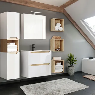Produktbild von Badmöbel Set Hochglanz weiß mit Trüffel-Buche SOFIA-107 Keramikbecken & LED-Spiegelschrank, B/H/T ca. 160/200/46 cm