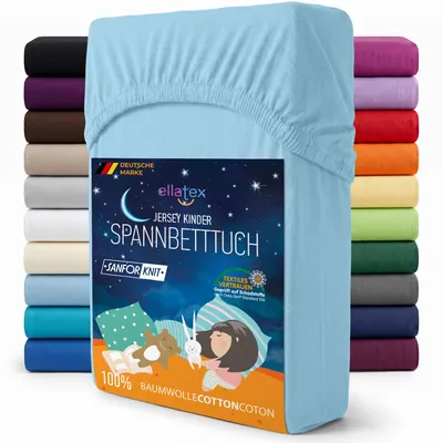 Produktbild von EllaTex Jersey Kinder Spannbettlaken 70x140 Baumwolle – weich & atmungsaktiv, Spannbetttuch für Babybett, in Farbe: Hellblau
