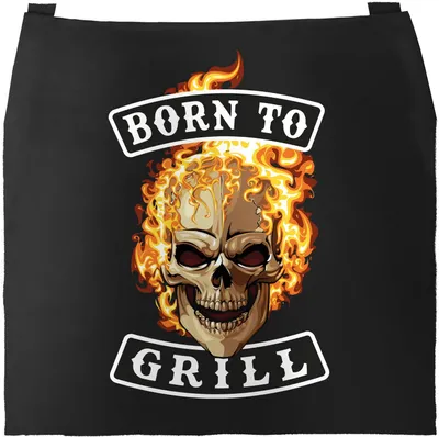 Produktbild von Grill-Schürze für Männer mit Spruch Born to Grill Skull Flammen Baumwollschürze Küchenschürze Moonworks® schwarz unisize