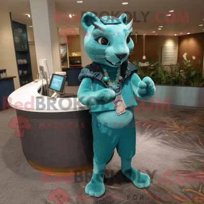 Obrázok produktu pre Maskot spoločnosti REDBROKOLY, jaguárovitý druh Teal Jaguarundi, je oblečený v ceruzkovej sukni a má náramkové hodinky