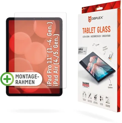 Produktbild von Displex Tablet Glas (9H) fr Apple iPad Pro 11'' (1./2./3./4. Gen.)/Air (4./5. Gen.), Eco Montagerahmen, unzerbrechlich, ultraflach, unsichtbar