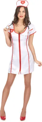 A woman wearing a nurse costume, holding a stethoscope.