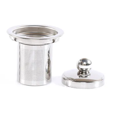 A stainless steel tea infuser and lid shown against a white background.
