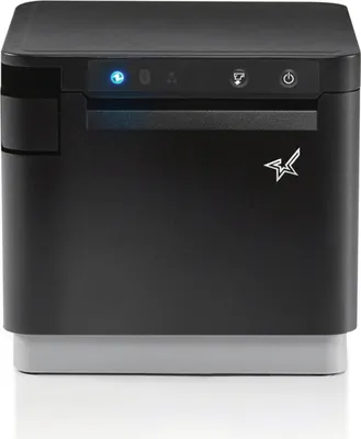 A black and gray POS printer is shown against a white background.