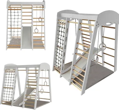 A collage of images showing a white wooden indoor playground for children, featuring a slide, climbing net, ladder, and rings.