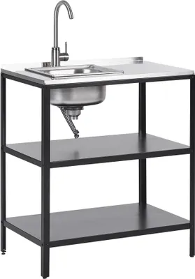 Zdjęcie produktu dla BELIANI Wyspa kuchenna ze zlewem ogrodowa czarna ze stali nierdzewnej 80 x 50 x 92 cm zewnętrzna 2 półki bateria umywalkowa