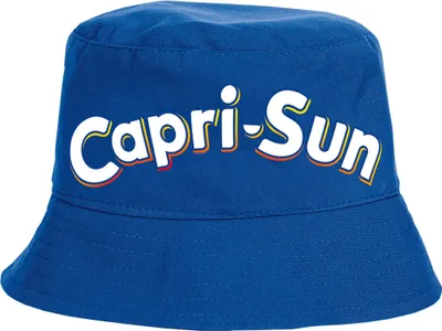 Original Lizenz Capri-Sun® Fischerhut in blauer Farbe mit Aufdruck von Vorne und weißem Hintergrund.