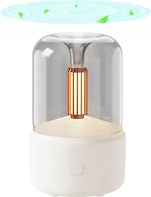 A product shot of a white and clear aroma diffuser with a warm light inside, set against a white background. Green leaf-like shapes and ripples are depicted above the diffuser, suggesting air circulation or aromatherapy.