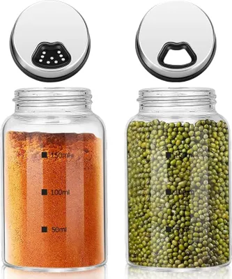 Produktbild von 2 Stück Gewürzgläser mit Drehdeckel, Borosilikatglas Gewürzstreuer, 150ml Gewürzdosen mit 4 Arten von Gewürzlöchern für Gewürze oder Kräuter in der Küche oder Grillen im Freien