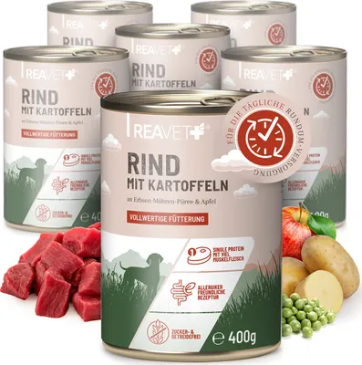 Produktbild von REAVET Premium Hunde Nassfutter - Rind an Kartoffeln & Apfel 6 x 400g I mit hohem Fleischanteil & viel Muskelfleisch, Getreidefrei, Hundefutter nass, ohne Zucker