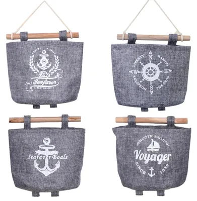 Image de Lot de 4 pochettes de rangement suspendues de style marin, pochettes murales, compartiments muraux, organiseurs de porte, gris