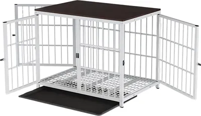 Image de Niche pour chien Vaylen – 91 cm – Enclos pour chien en métal aspect bois – Blanc – 3 portes – Tiroir amovible