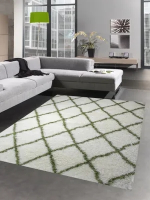 Image de Tapis Shaggy Tapis de salon Tapis à poils longs Tapis à losanges crème vert Taille - 160x230 cm