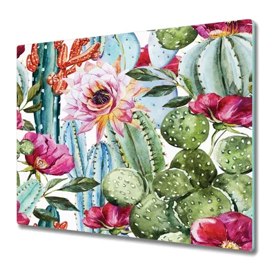 Produktbild von Küchenschneidebrett - Glasschneidebrett - Herdabdeckung - 60x52 - Kaktusblüten Exotisches Aquarell