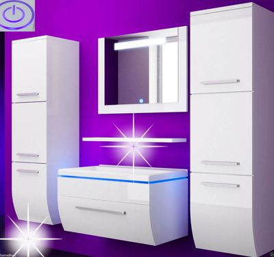 Badmöbel Set   Weiss Hochglanz Badezimmermöbel 6Teilige LED Komplett Bad