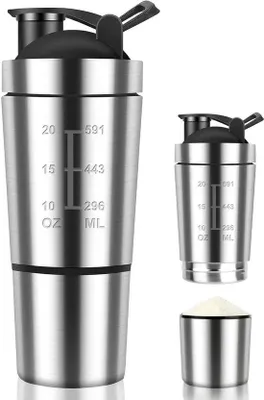Produktbild von Stahl-Eiweiß-Shaker, Sport-Fitness-Shaker, 600 ml Eiweiß-Shaker, mit 200 ml Becher, BPA-frei mit Maßband, doppelwandig, für Eiweiß-, Diät- und Fitness-Shakes, Silber