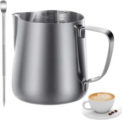 Produktbild von 350ml Milchaufschäumkrug Latte Tasse,304 Edelstahl Handheld Aufschäumkännchen,mit Messung Mark und Latte Art Pen,für Espresso, Milchaufschäumer