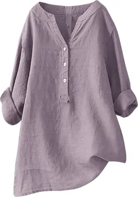 Image de ASKSA Femme Coton Lin Chemisier Unicolore Manches Longues Chemise Libre Boutons Enrouleurs Tops, Violet Clair, Taille : 5XL