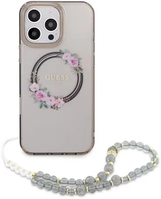 Obrázok produktu pre Zadný kryt Guess pre iPhone 16 Pro – čierny – Magsafe IML – s motívom kvetinového venca &