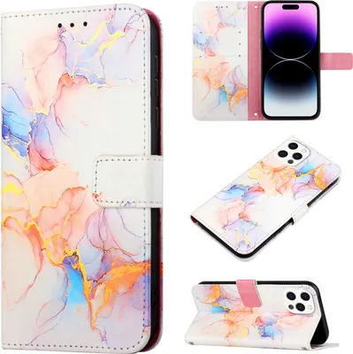 Produktbild von iPhone 15 Pro Hülle, Marmor Motiv Kunstleder Tasche Wallet Kartenfächer mit Standfunktion Klapp Schutzhülle für iPhone 15 Pro Bunt