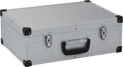 A silver aluminum tool case with a black handle and black corner protectors, shown from a slightly elevated front-left angle on a white background.