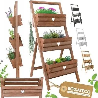 Produktbild von Set aus 3 Blumentöpfen mit Ständer 110 cm | 3er Set Pflanzkübel 40x18 cm | Holz Blumenkübel für Tomaten und Blumen, Pflanzentopf für Garten und Balkon