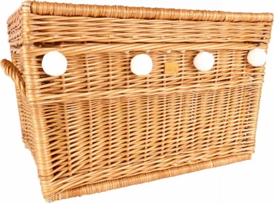Immagine prodotto di WikliBOX - Cassapanca in vimini per giocattoli in colore naturale con pompon, biancheria per la camera dei bambini e per il bagno, cassapanca armadio per la biancheria 70x44x44 cm