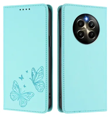 Produktbild von Lederhülle für Realme 12 Pro/Realme 12 Pro+, Schmetterling Prägung Leder Brieftasche Schutzhülle mit Ständer Türkis