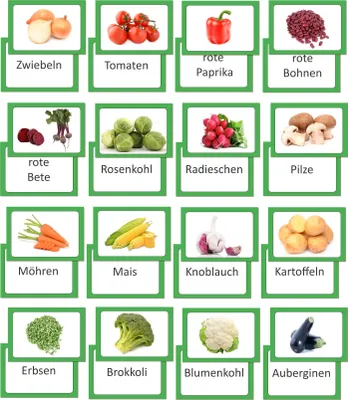 Produktbild von 16 Stück Bildkarten Gemüse Vokabelkarten Lernkarten beidseitig folienkaschiert verschiedene Gemüsesorten wie zum Beispiel Kartoffeln Auberginen Blumenkohl oder Brokkoli gut zum Lernen geeignet Vorderseite Abbildung des Gemüses, Vokabel / Bezeichnung auf der Rückseite