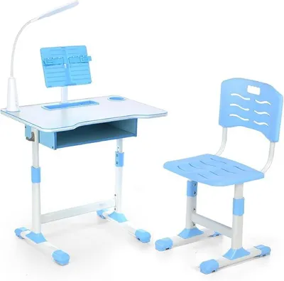 Image de Bureau et chaise pour enfant, réglables en hauteur (62-72 cm), avec éclairage LED à intensité variable, idéal pour les enfants, les élèves et les adolescents pour étudier, lire et dessiner. Couleur : bleu