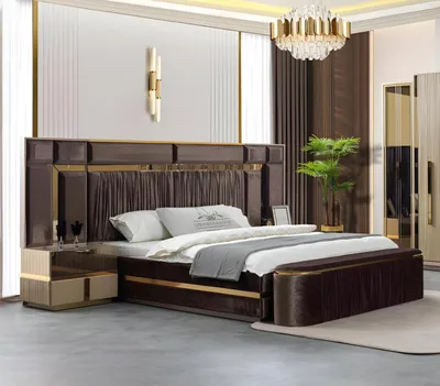 Image de Ensemble de chambre à coucher élégant comprenant un lit et deux tables de chevet, dans un style moderne