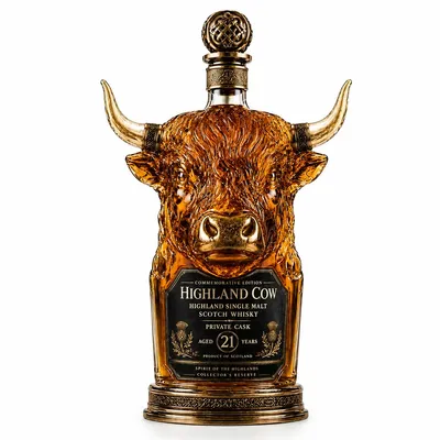 Produktbild von Highland Bull Whisky Dekanter 350ml, Rindkopf Design Glasflasche mit Golddekor, Whisky Karaffe für Bar, Vitrine & Geschenk