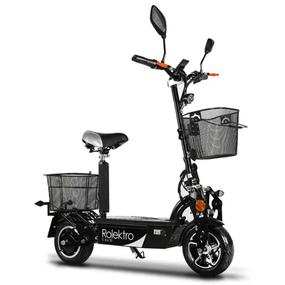 A black electric scooter with a seat and baskets is shown against a white background.