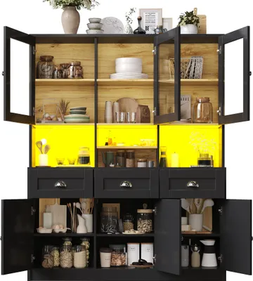 Obrázek produktu pro Kuchyňská skříňka (140×40×175 cm), vysoký kuchyňský bufet, vitrína, bufetová skříňka s nastavitelnými policemi, příborník s LED osvětlením, černá, MDF