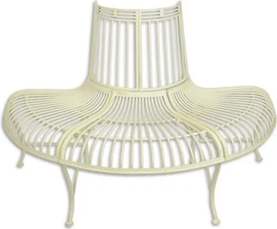 A cream-colored, vintage-style metal bench designed to fit around a tree trunk.
