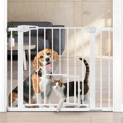 Produktbild von Famanu Treppenschutzgitter mit Katzenklappe - Weiß, ohne Bohren, für Babys, Kinder und Katzen