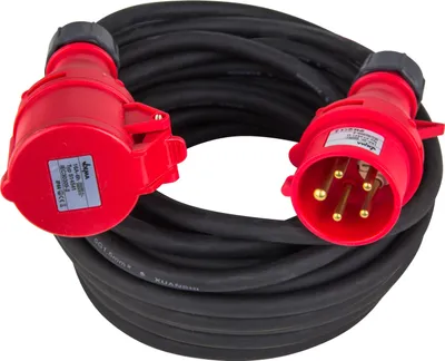 A coiled black extension cord with red CEE connectors on both ends.