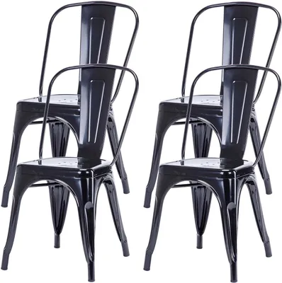 Productafbeelding van Set van 4 Metalen Bistrostoelen - Stapelbare Eetkamerstoelen met Rugleuning - Zwart