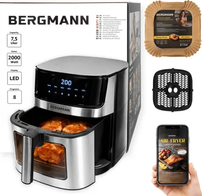 Zdjęcie produktu dla Frytkownica na gorące powietrze beztłuszczowa airfryer frytownica BERGMANN YO 1 komora 7,5l 2000W